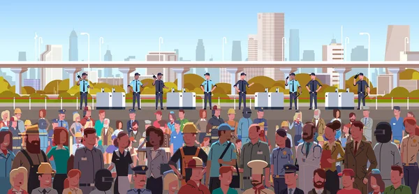 Mix race police officers group controlling different occupations people crowd at protest demonstration strike work day concept city street cityscape background horizontal portrait — Vector de stock