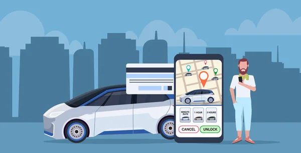 Ember használ mozgatható alkalmazás online kátrányozás részére taxi autó cserépdarab fogalom smartphone képernyő-val város Térkép szállítás carsharing szolgáltatás app teli hosszúság — Stock Vector