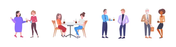 Les gens d'affaires discutent pendant la réunion mélange race hommes femmes ayant pause café concept de communication plat pleine longueur fond blanc illustration vectorielle horizontale — Image vectorielle