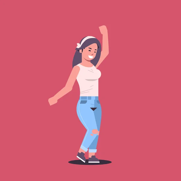 Young woman in casual clothes standing raising hands pose smiling female cartoon character girl posing on red background flat full length — 스톡 벡터