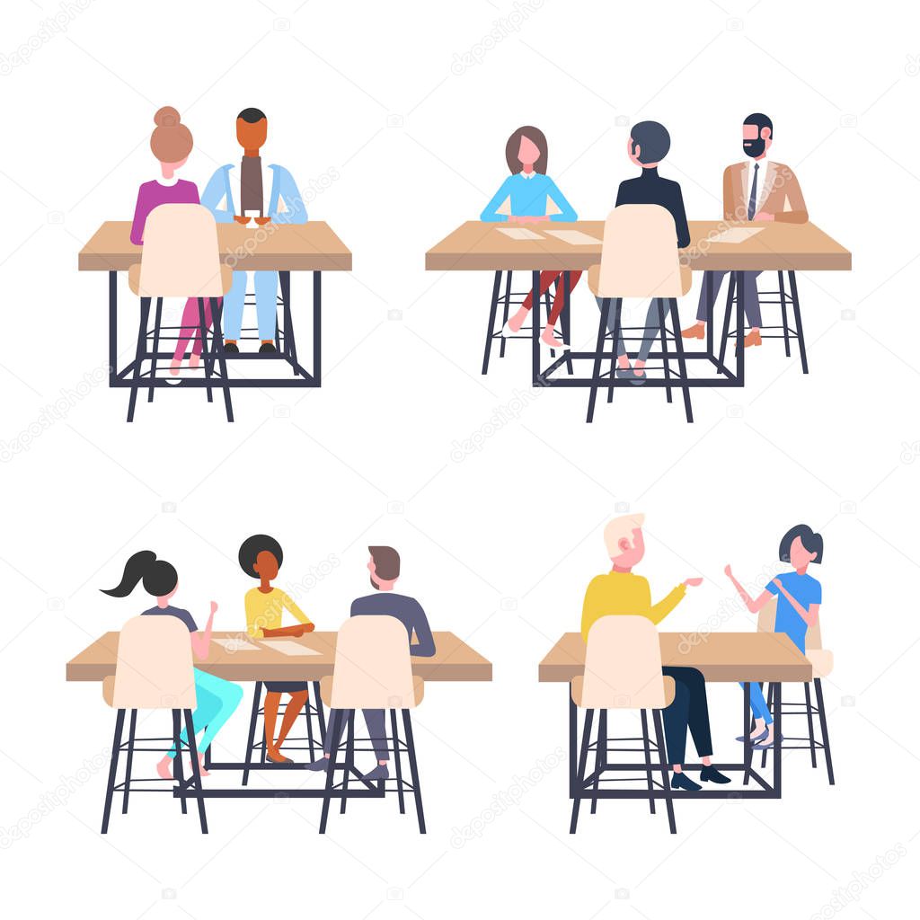 set businesspeople discussing new business project during meeting sitting at workplace desk brainstorming colleagues planning startup different concepts collection flat full length vector illustration