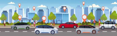 yolda yer pinli arabalar online sipariş taksi araba paylaşımı kavramı mobil ulaşım araba paylaşım hizmeti modern şehir sokak cityscape arka plan düz yatay afiş
