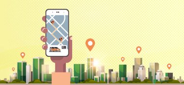 insan el online sipariş taksi araba paylaşımı mobil uygulama kavramı ulaşım araba paylaşım hizmeti uygulaması akıllı telefon ekranı gps haritası modern cityscape arka plan yatay kullanarak