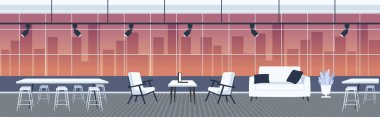 yaratıcı ofis boş hiçbir kişi mobilya modern co-çalışma merkezi iç panoramik pencereler cityscape arka plan düz yatay afiş ile açık alan