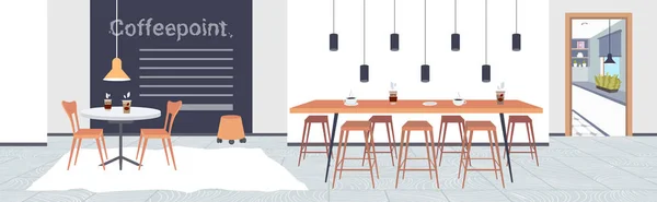 Modern café interieur leeg geen mensen restaurant met meubilair koffie punt concept platte horizontale banner — Stockvector