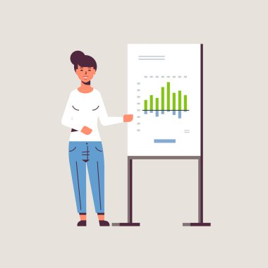 konferans düz tam uzunlukta meting sunum kavramı kadın konuşmacı yapma seminerde flip chart kurulu iş kadını üzerinde mali grafik sunan iş kadını