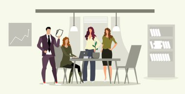 işyeri iş adamları beyin fırtınası toplantı konferans modern ofis iç kroki tam uzunlukta yatay toplantı sırasında yeni proje tartışırken kadın patron ile işadamları ekibi