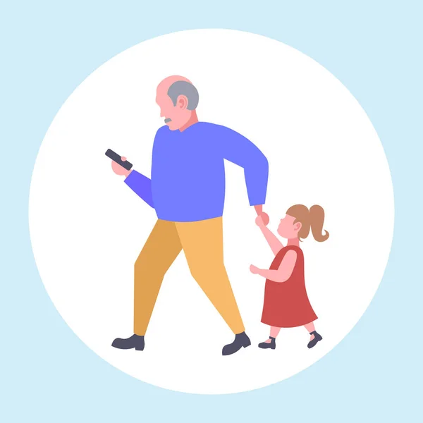 Man met behulp van mobiele telefoon tijdens het lopen met kleine kind dochter wil aandacht van vader smartphone verslaving concept platte volledige lengte vector illustratie — Stockvector