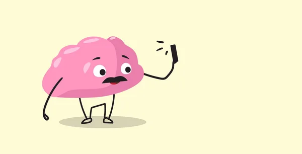Cérebro humano bonito tomando selfie foto rosa personagem de desenho animado usando câmera de smartphone estilo kawaii horizontal —  Vetores de Stock