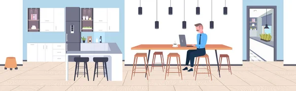 Geschäftsmann sitzt am Café-Tisch Geschäftsmann mit Laptop Arbeitsprozess Konzept moderne Kaffeeküche Interieur flach volle Länge horizontal — Stockvektor