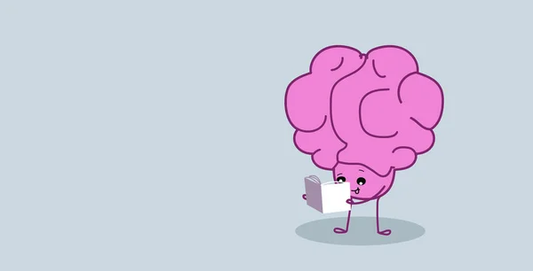 Lindo cerebro humano órgano lectura libro educación concepto kawaii estilo rosa dibujos animados carácter horizontal boceto — Vector de stock