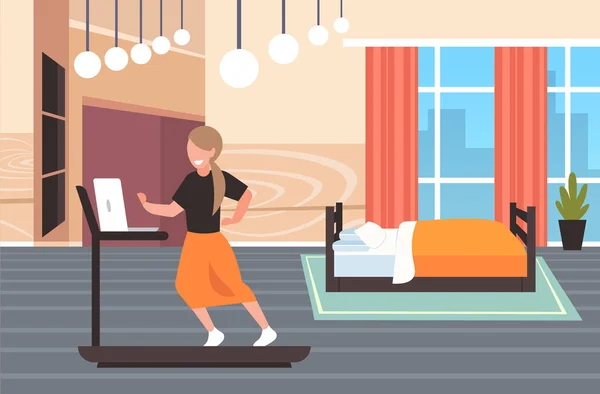Koşu bandı kadın freelancer egzersiz sıkı çalışma konsepti modern yatak odası iç düz tam uzunlukta yatay çalışan dizüstü bilgisayar kullanarak iş kadını — Stok Vektör