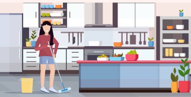 ev hanımı paspas zemin kadın temizleyici paspas kız tutan paspas temizlik konsepti modern mutfak iç tam uzunlukta düz yatay yapıyor