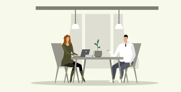 Empresários homem mulher sentado no local de trabalho mesa pessoas de negócios casal trabalhando juntos brainstorming reunião entrevista conceito bem sucedido trabalho em equipe esboço doodle horizontal — Vetor de Stock