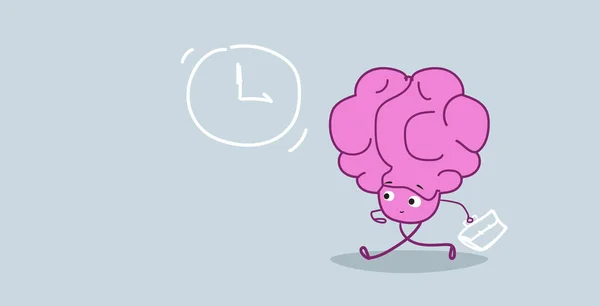 Huolestunut ihmisen aivot salkku käynnissä liiketoiminnan kokous määräaika käsite vaaleanpunainen sarjakuvahahmo kawaii tyyliin horisontaalinen — vektorikuva