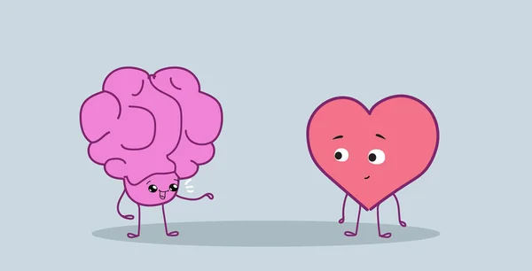 Otak manusia lucu dan hati pasangan berdiri bersama logika dan merasa konsep pink karakter kartun kawaii gaya horizontal - Stok Vektor