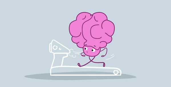 Cerebro humano corriendo en la cinta de correr estilo de vida saludable entrenamiento entrenamiento concepto rosa de dibujos animados carácter kawaii estilo horizontal boceto dibujado a mano — Vector de stock
