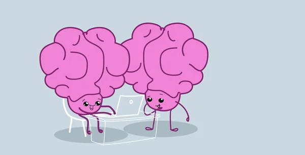 Humano cerebros pareja sentado en el lugar de trabajo usando portátil lluvia de ideas exitoso trabajo en equipo concepto rosa dibujos animados personajes kawaii estilo horizontal — Archivo Imágenes Vectoriales