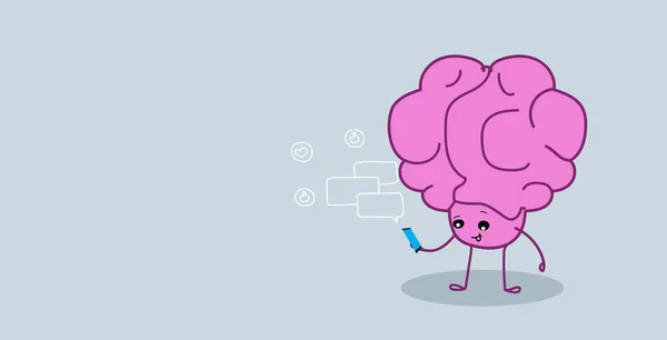 Organ otak manusia lucu menggunakan smartphone app chat bubble komunikasi online konsep jaringan median jaringan kawaii gaya kartun merah muda sketsa karakter horisontal - Stok Vektor