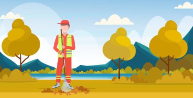 male street cleaner holding rake man sweeping lawn raking leaves cleaning service concept city park landscape background full length flat horizontal clipart