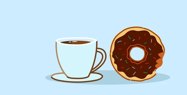 Schokolade Donut mit Kaffeetasse süß frisch gebackene Plätzchen Dessert Mittagspause Konzeptskizze horizontal — Stockvektor