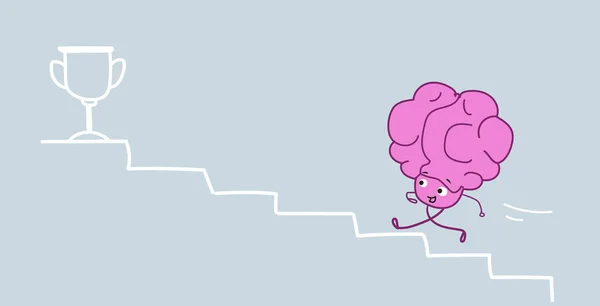 Lindo cerebro humano subir escaleras hasta oro trofeo taza rosa personaje de dibujos animados ganador éxito competencia concepto kawaii boceto estilo horizontal — Archivo Imágenes Vectoriales