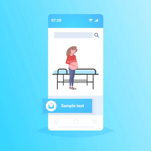 Donna incinta in piedi vicino al letto d'ospedale e tenendo la pancia maternità cura prenatale gravidanza concetto smartphone schermo applicazione mobile piatta a tutta lunghezza — Vettoriale Stock