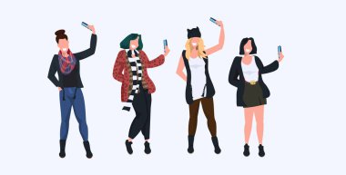 Kadın akıllı telefon kamera rahat kadın karikatür karakterler fotoğraf çekmek farklı pozlar beyaz arka plan düz tam uzunlukta yatay