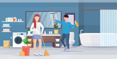 Modern adam ayna cam birlikte ev temizlik kadın kavramı zemin temizleme süpürme yatay temizlik çift