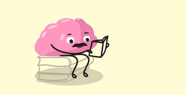 Organ otak manusia lucu duduk di buku menumpuk karakter kartun merah muda membaca buku konsep pendidikan buku kawaii horizontal gaya - Stok Vektor
