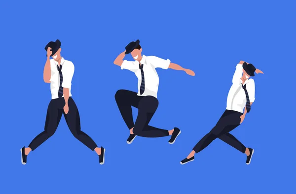 Zakenlieden dansen in verschillende poses mannelijke cartoon personages poseren samen blauwe achtergrond platte volledige lengte horizontale — Stockvector