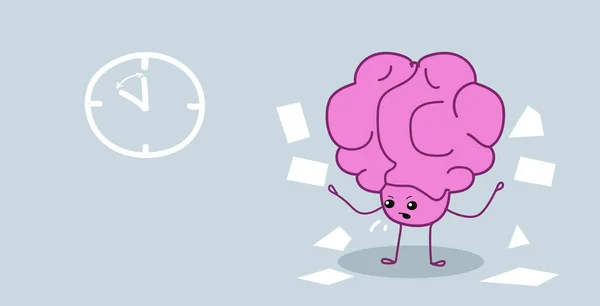 Irritado humano cérebro órgão jogando pader documentos prazo estresse conceito kawaii estilo rosa desenho animado personagem horizontal esboço mão desenhada —  Vetores de Stock