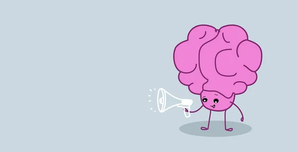Lidský mozkový orgán přidržený megafon reproduktor oznámení propagace koncept kawaii styl růžový kreslený znak horizontální nákres ruka nakreslená — Stockový vektor
