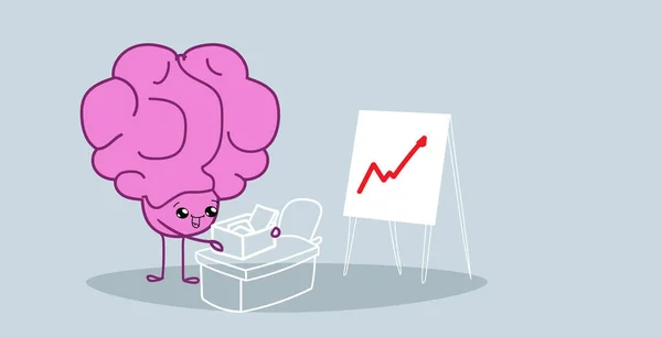 Cerveau humain mignon assis sur le lieu de travail analysant graphique financier sur flip chart brainstorming concept rose personnage de bande dessinée style kawaii horizontal dessiné à la main — Image vectorielle