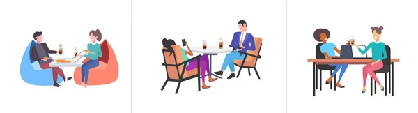 Установить бизнесменов коллеги обсуждают во время кофе-брейка смеси гонки деловых людей, сидящих на рабочем месте концепции коммуникации сбора плоской полной горизонтальной длины — стоковый вектор
