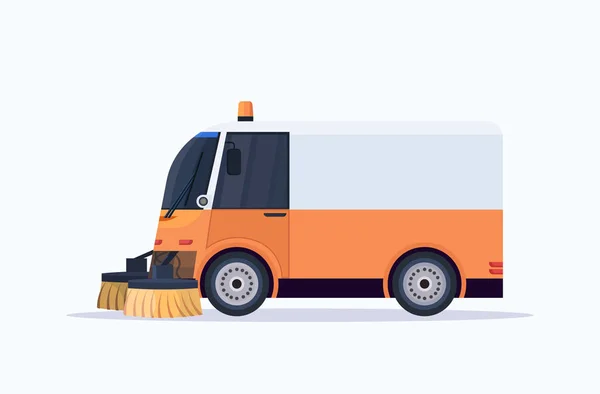 Modern street sweeper truck industrial vehicle cleaning machine urban road service concept flat — Stock Vector