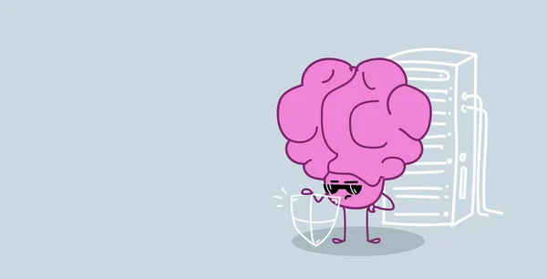Organ otak manusia lucu memegang perisai konsep keamanan kawaii gaya merah muda karakter kartun dalam kacamata hitam sketsa horisontal - Stok Vektor
