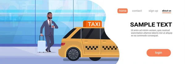 Geschäftsmann mit mobiler App Taxi bestellen auf der Straße afrikanisch amerikanischen Geschäftsmann mit Gepäck in der Nähe von gelben Taxi City Transport Service-Konzept volle Länge flache horizontale Kopierfläche — Stockvektor