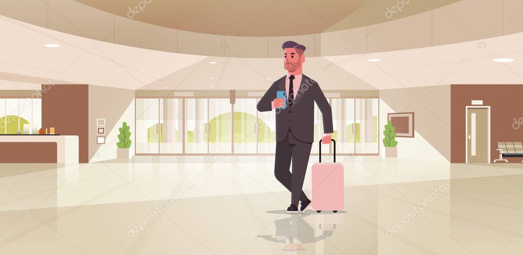 businessman with luggage modern reception area business man holding suitcase guy standing in lobby contemporary hotel hall interior flat horizontal full length