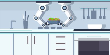 taze salata mutfak asistanı konsept otomasyon robotik yenilik teknolojisi yapay zeka modern mutfak iç düz yatay ile kase tutan akıllı şef robot eller