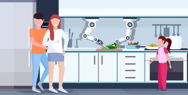 akıllı kullanışlı şef robot kesme salatalık gemide robotik asistan yenilik teknolojisi yapay zeka kavramı mutlu aile birlikte modern mutfak iç düz yatay ayakta
