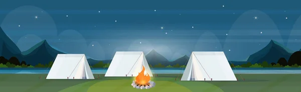 Tent camping area with campfire night campsite summer camp travel vacation concept mountains landscape beautiful nature background flat horizontal — Stock Vector