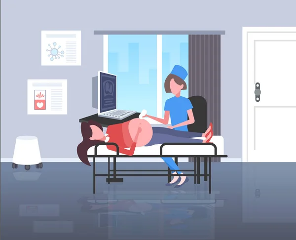 Dijital monitör jinekoloji danışma sağlık kavramı modern hastane kliniği iç düz tam uzunlukta ultrason fetus tarama yapıyor kadın doktor ziyaret hamile kadın — Stok Vektör