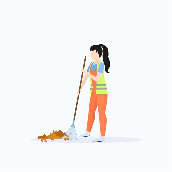 Female street cleaner holding rake woman sweeping lawn cleaning leaves city streets service concept full length flat white background — Stock Vector