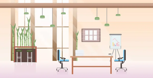 Üres, nem emberek együtt működő központ szekrény modern munkahely íróasztal kreatív irodai belső sík vízszintes — Stock Vector