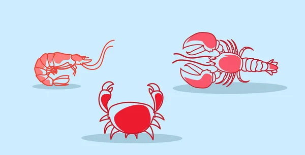 Dibujo animado rojo cangrejo langosta camarón icono fresco mariscos concepto dibujado a mano boceto horizontal — Vector de stock