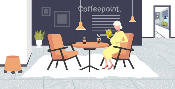 Mujer embarazada lectura libro sentado en la mesa de café chica tocando su vientre embarazo y maternidad concepto moderno café punto interior plana longitud completa horizontal — Vector de stock