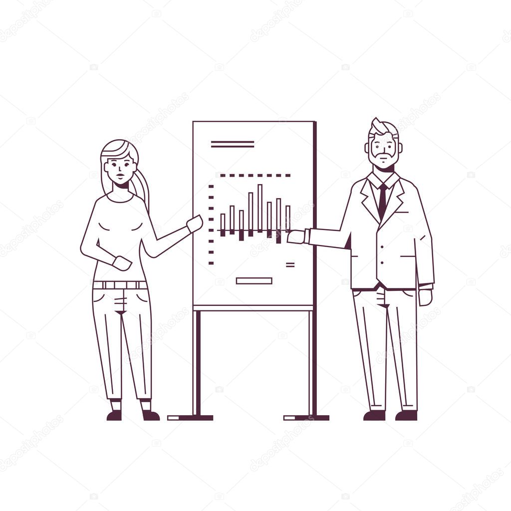 businesspeople coworkers presenting financial graph on flip chart business couple at seminar making presentation concept speakers on conference meting sketch line style full length