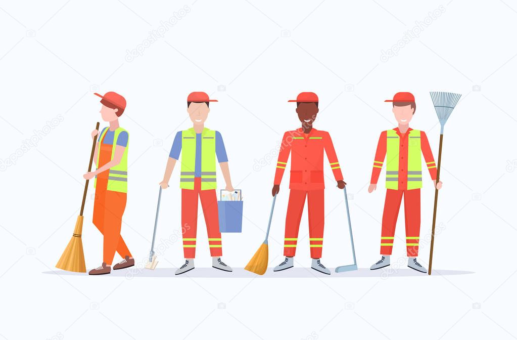 men street cleaners in uniform holding different tools mix race male workers standing together cleaning service concept flat full length white background horizontal vector illustration