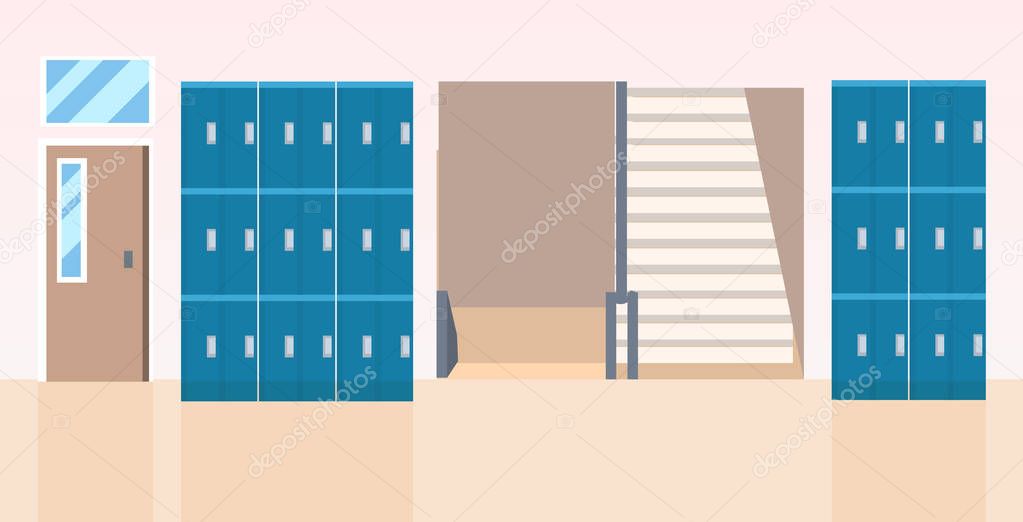 lockers hall near staircase empty no people school corridor interior flat horizontal